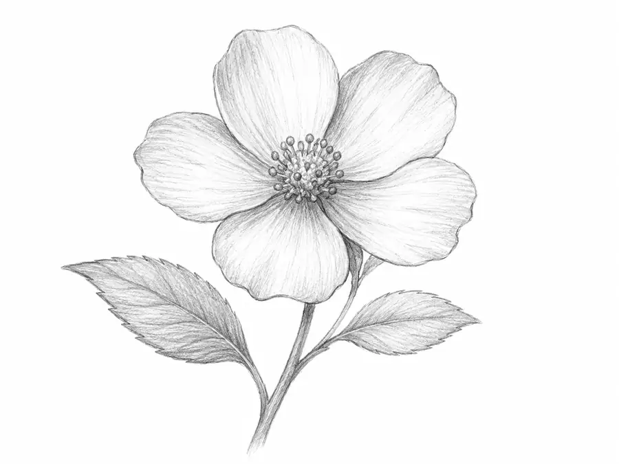 Tecknad blomma i blyerts med blad och mjuka skuggor